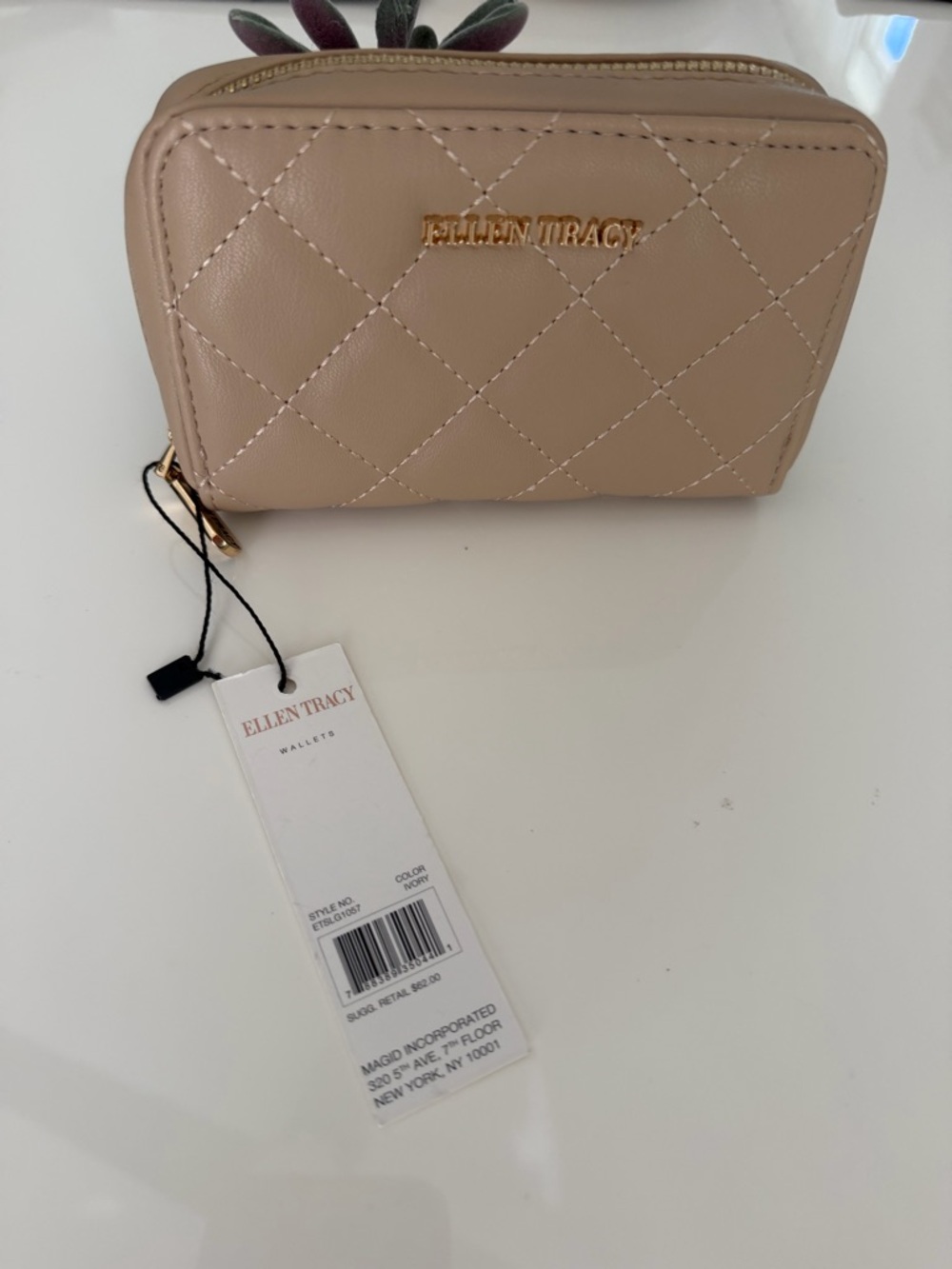 Ellen Tracy Quilted Taupe Zip-Around Wallet with Gold Logo